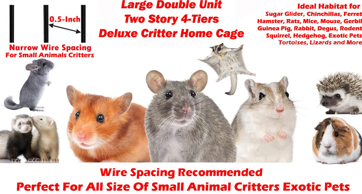 Large Two Full Story Deluxe Double Unit 4-Tiers Tight 1/2-Inch Bar Spacing Durable Front Doors Water Bottle Food Bowl for Feisty Ferret Squirrel Hammock Rat Gerbil Small Animal Critter Rolling Cage