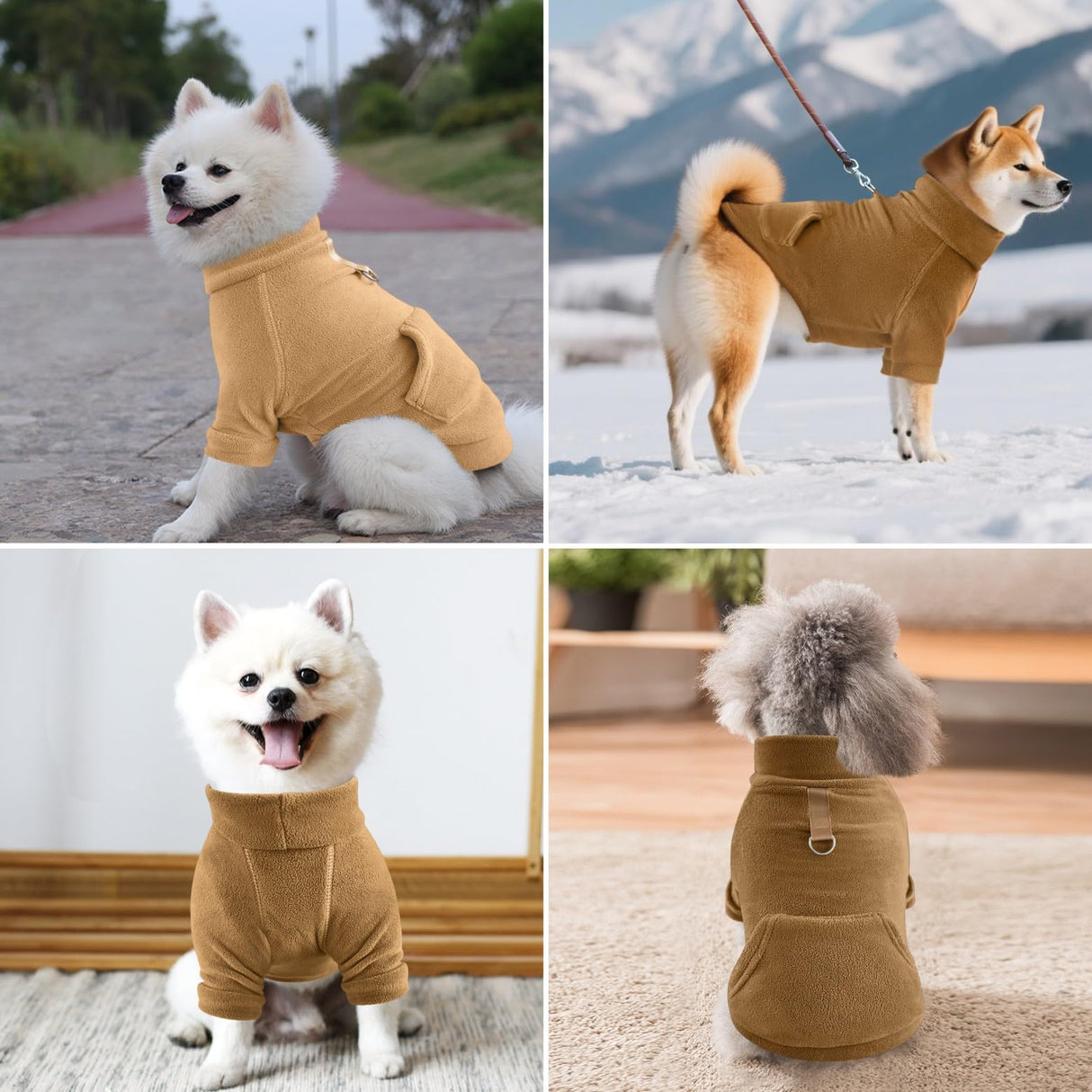 Idepet Fleece Dog Sweater 2 Pack, Winter Pet Clothes Turtleneck Sweatshirt with Leash Ring, Stretchy Small Dog & Cat Coat with Pocket (Khaki+Brown, XL)