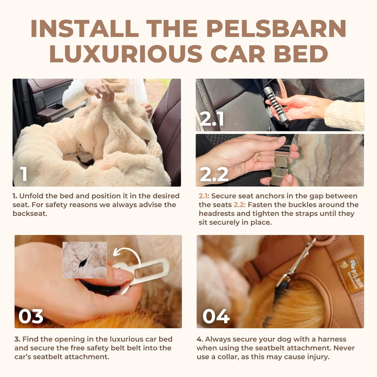 Pelsbarn Luxurious Cozy Car Bed - Small Luxury Travel Dog Bed with Safety Belt - Ultra Soft Faux Fur - Brown