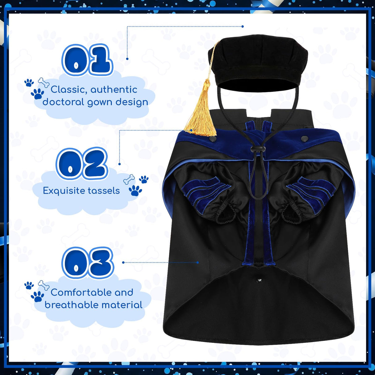 Huhumy 3 Pcs Dog Cat Graduation Doctoral Costume Set, 2026 Pet Graduation Cap and Deluxe Doctoral Gown with Hood Side Tam Puppy Kitty Dogs Cats Grad Holiday Party Costume Accessory(Black Blue,M)