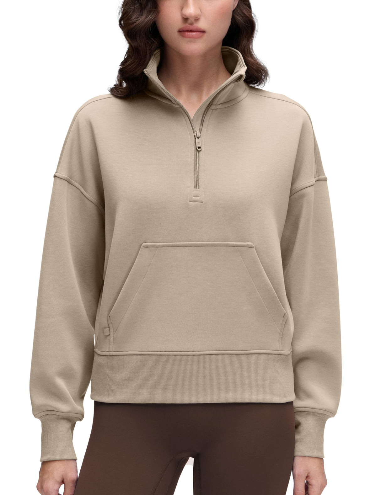 CRZ YOGA SoftAura Half Zip Sweatshirt for Women - Pullover Workout Casual Funnel Neck Sweat Shirts with Pocket Oak Medium
