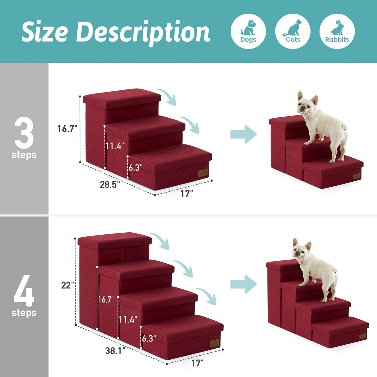 Dog Stairs with Storage, 4-Step Wider Sturdy Dog Steps for Small/Medium/Large Dogs and Older Cats, Folding Doggie Ramp for Bed/Couch/Car Hold Up to 180 lbs (22" H, Burgundy)