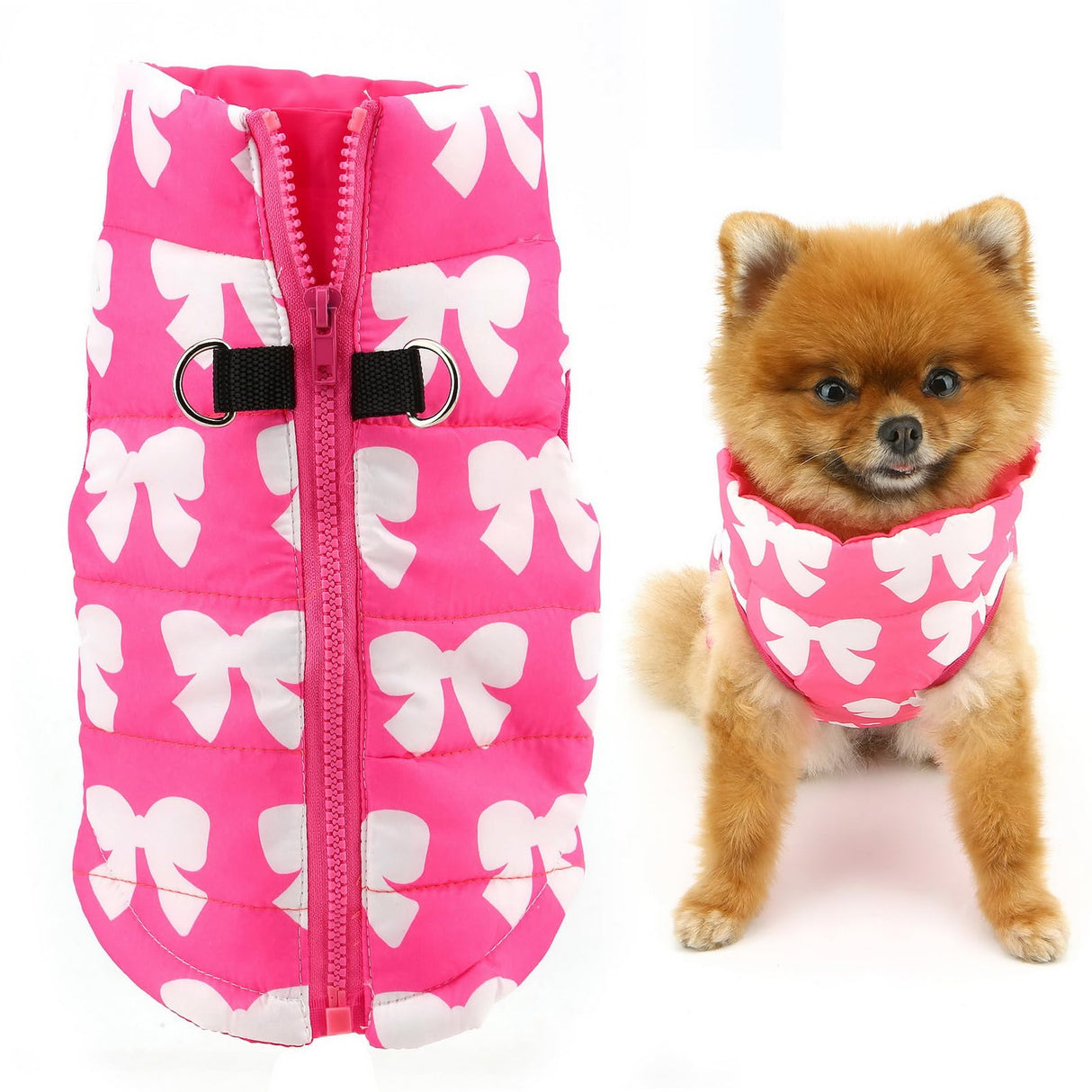 SMALLLEE_LUCKY_STORE Pet Water Resistant Winter Jacket Vest with D-Ring for Small Dog Cat Zip-up Padded Puppy Coat Chihuahua Yorkie Kitten Warm Clothes, Hot-Pink, XL
