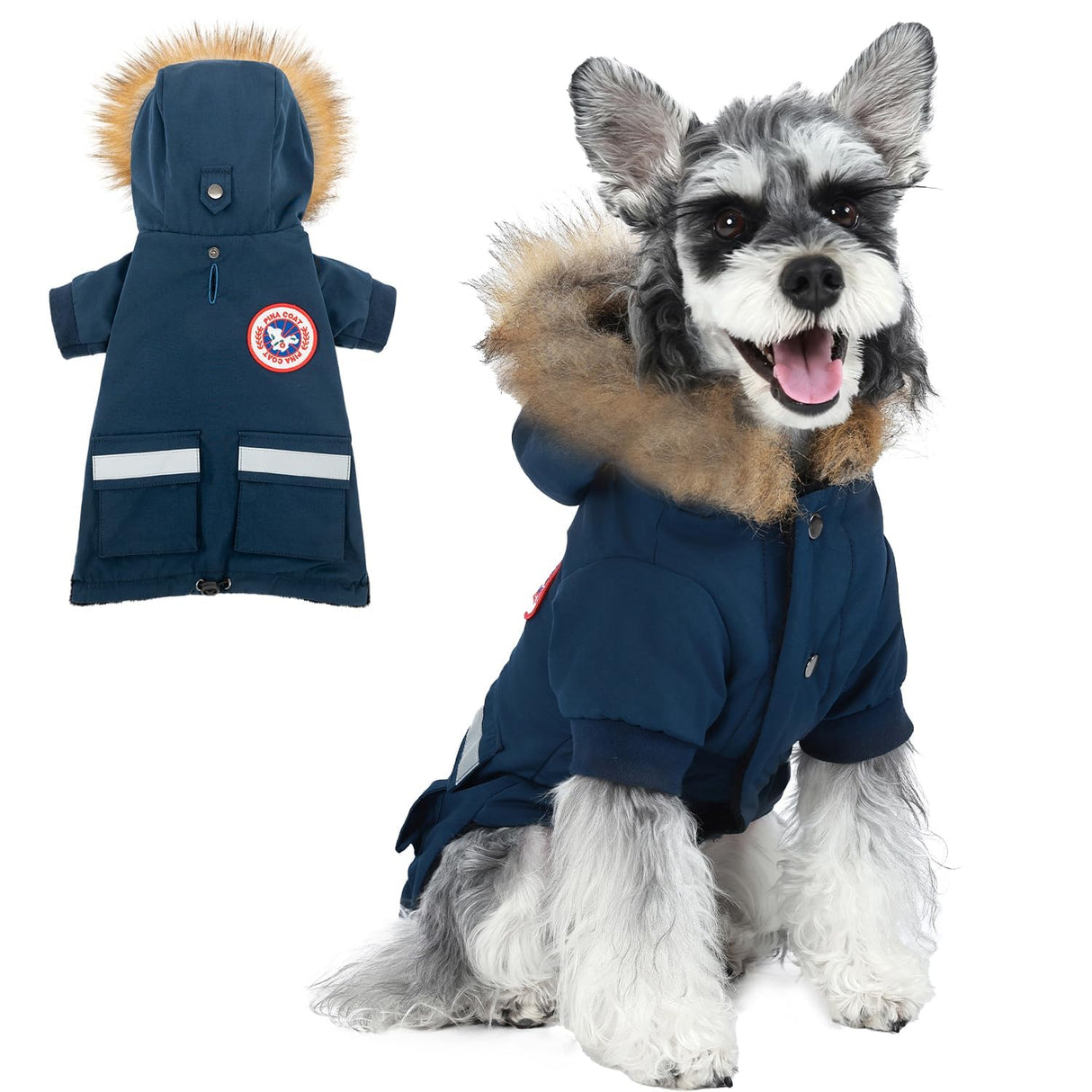 PINA Small Dog Coats - Waterproof, Warm Winter Jacket with Faux Fur Hood, Reflective, Flannel Lined, Windproof, Pocket