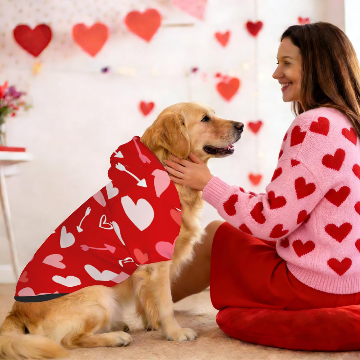 Valentine's Day Dog Costume Hoodie for Medium Large Dogs, Funny Heart Dog Outfit with Hood & Leash Hole, Warm SoftHoliday Valentine Sweatshirt Clothes for Dogs-M