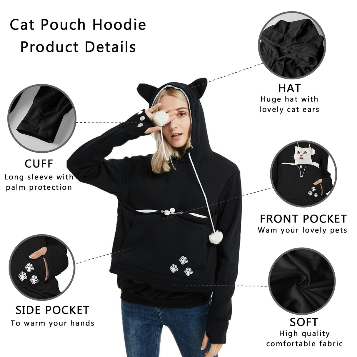 XUDREZ Unisex Big Pouch Hoodie Long Sleeve Pet Dog Holder Carrier Sweatshirt Hooded Pocket Kangaroo Hoodie (Black,L)