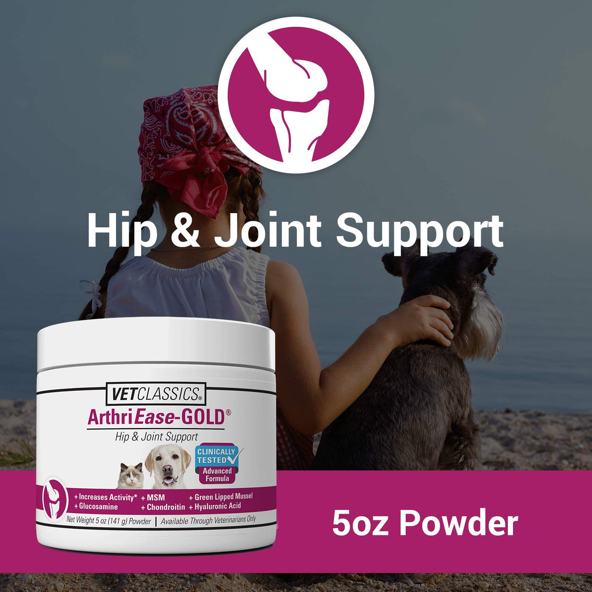 Vet Classics ArthriEase-Gold Hip & Joint Support for Dogs, Cats– Pet Health Supplement Powder – Alleviates Aches, Discomfort – For Flexibility, Healthy Joint Function – Antioxidants – 5 Oz