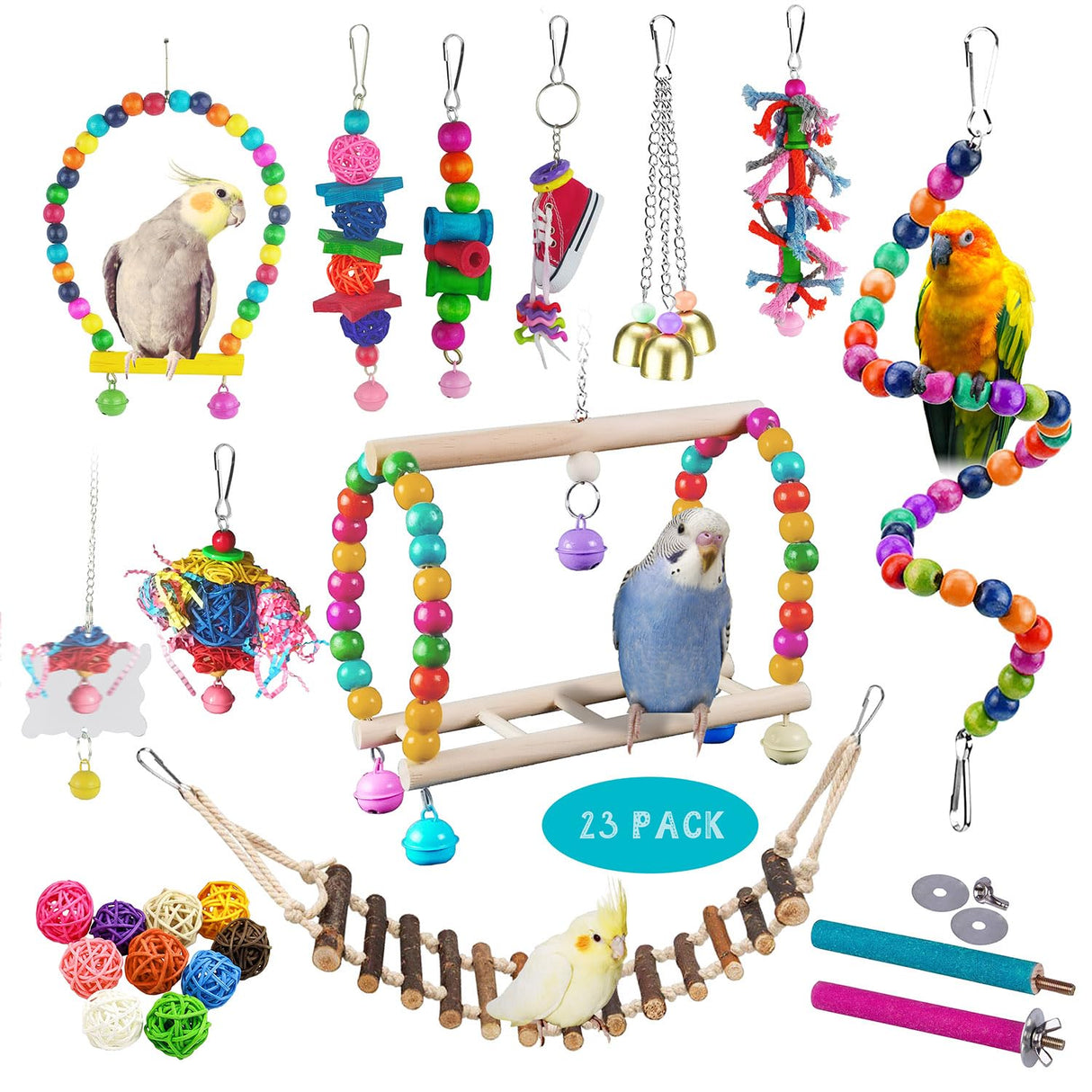 Sysmashing 23pcs Bird Parakeet Cockatiel Toys,Parrot Swing Chewing Hanging Toy with Safe Bells,Bird cage Colorful Climbing Standing Rope Natural Wood Ladder Bungee Toys