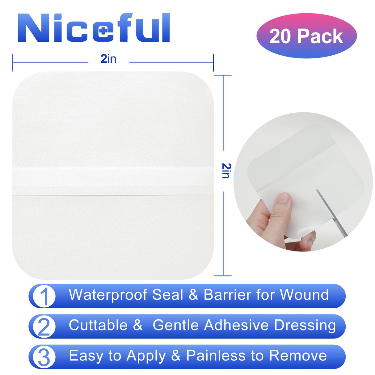 Niceful 20 Packs Hydrocolloid Bandages 2x2, HSA FSA Eligible, Small Hydrocolloid Gel Bandages for Wounds, Wound Healing Bed Sore Bandages