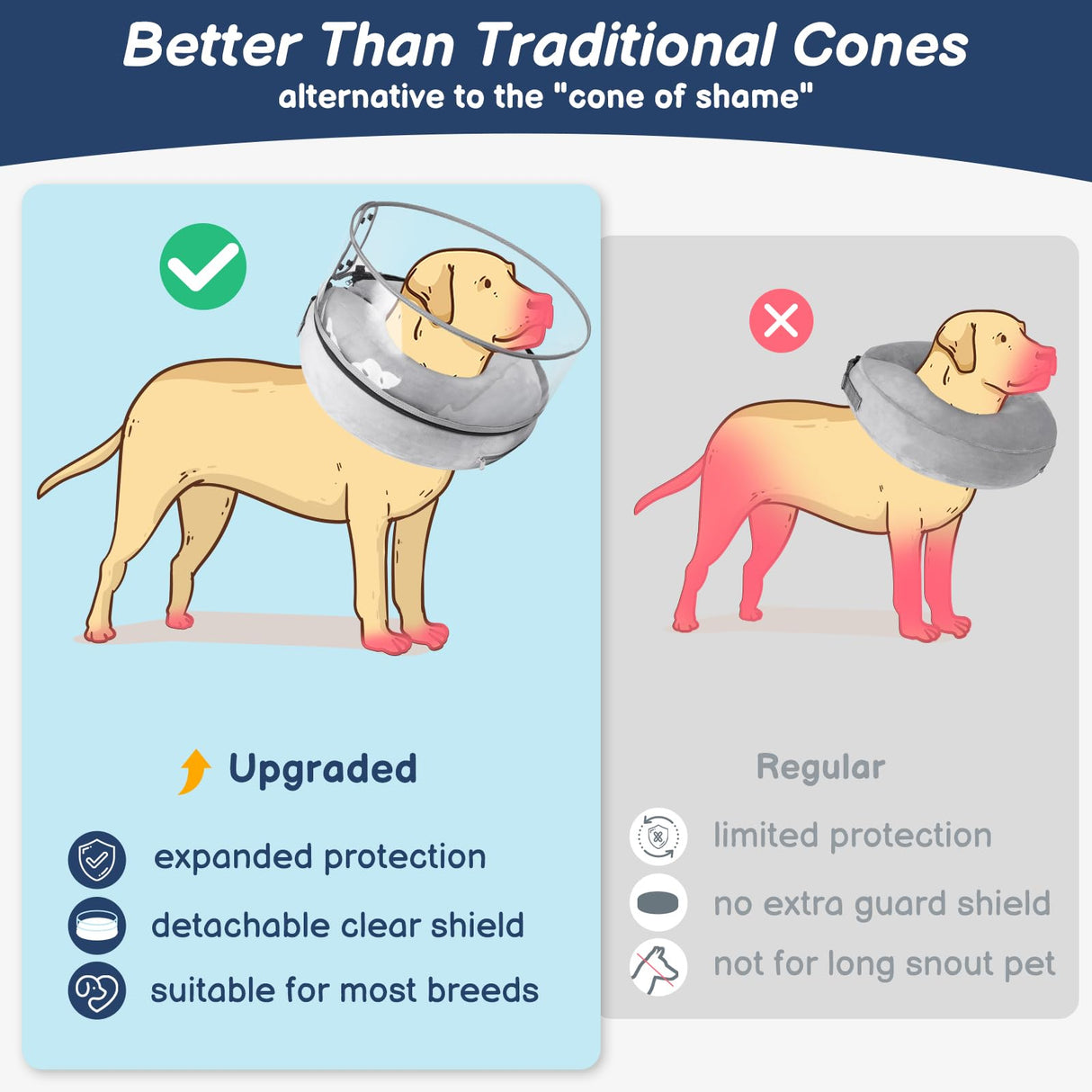 BARKLESS Inflatable Dog Cone, Protective Dog Surgery Collar to Stop Licking Biting Wounds, Patented Soft Donut Cone with Clear Shield, Adjustable Blow-up Collar for Surgery Recovery (Grey, XL)