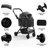 Foldable Dog Stroller for Small Dogs & Cats Portable Compact Pet Stroller Up to 35lbs Medium Pets One Click Folding Large Cat Carriage with Convertible Canopy Storage Basket - Black