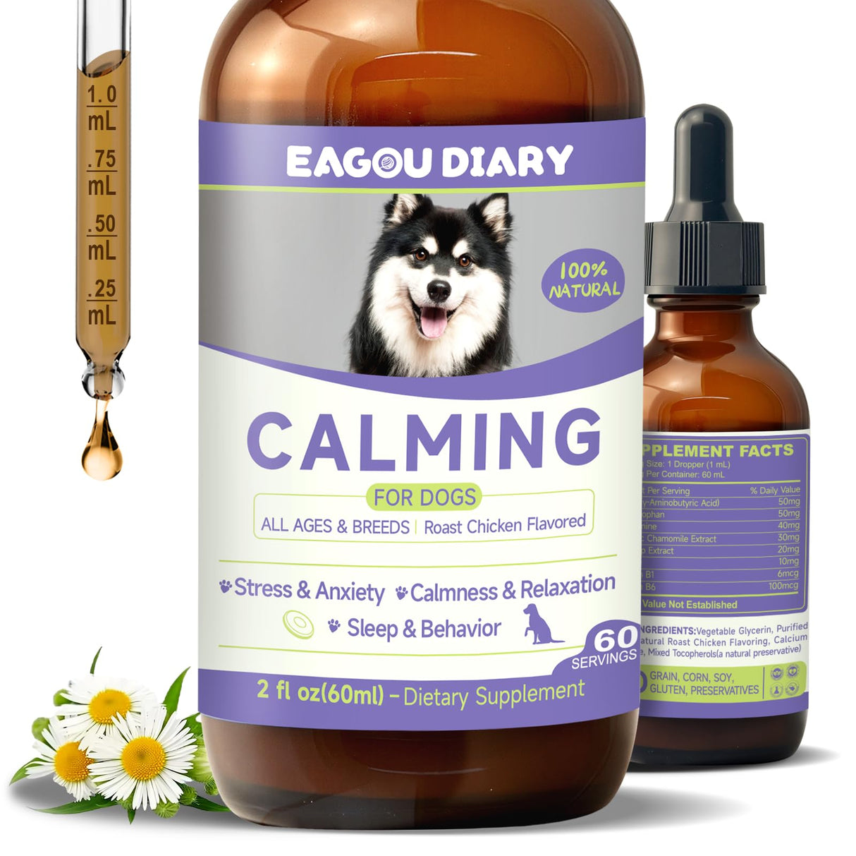 Dog Calming Drop – Anxiety Stress Relief for Dogs,Separation, Fireworks, Storm,Thunder Anxiety Support,Sleep Aid Dog Calming Supplement, GABA, L-Tryptophan, L-Theanine, Chamomile 60ML Calming for Dogs