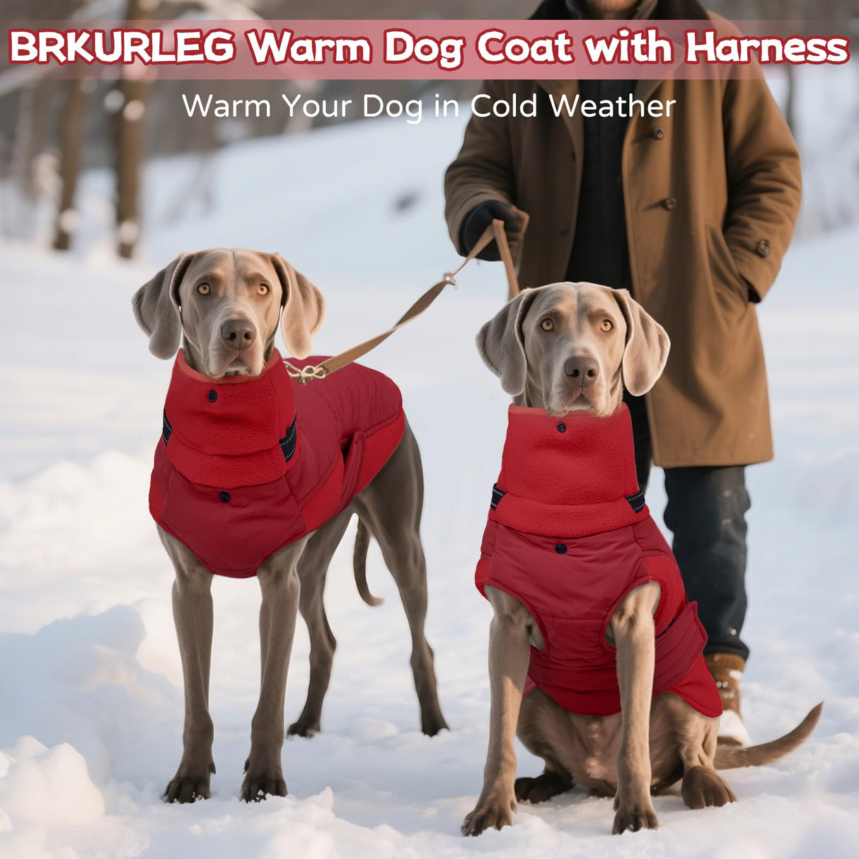 BRKURLEG Dog Winter Coat with Harness Built in, Warm Jacket for Small Medium and Large Dogs, Windproof Turtleneck Fleece Dogs Snowsuit with Hook & Loop, Reflective Christmas Dog Jacket, Red M