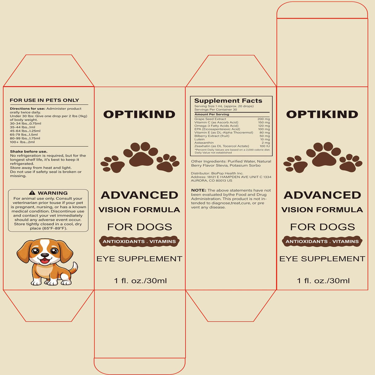 Ricadoo Optikind Vision Drops for Dogs, Optikind Vision Formula, with Lycopene, Zeaxanthin, Astaxanthin, Supports Vision and Overall Eye Health, Reduces Cloudiness, 30ml (1pcs)