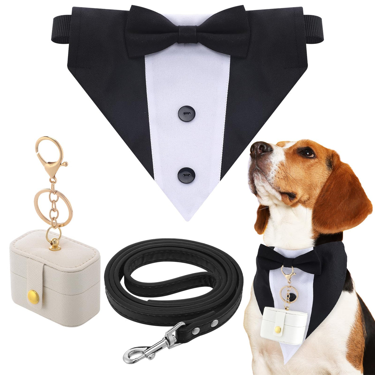 Locmeo 3 Pcs Dog Wedding Collar Outfit Include Dog Tuxedo Attire Wedding Ring Bearer Ring Holder Pouch Box Adjustable Pet Neck Bow Tie with Leash