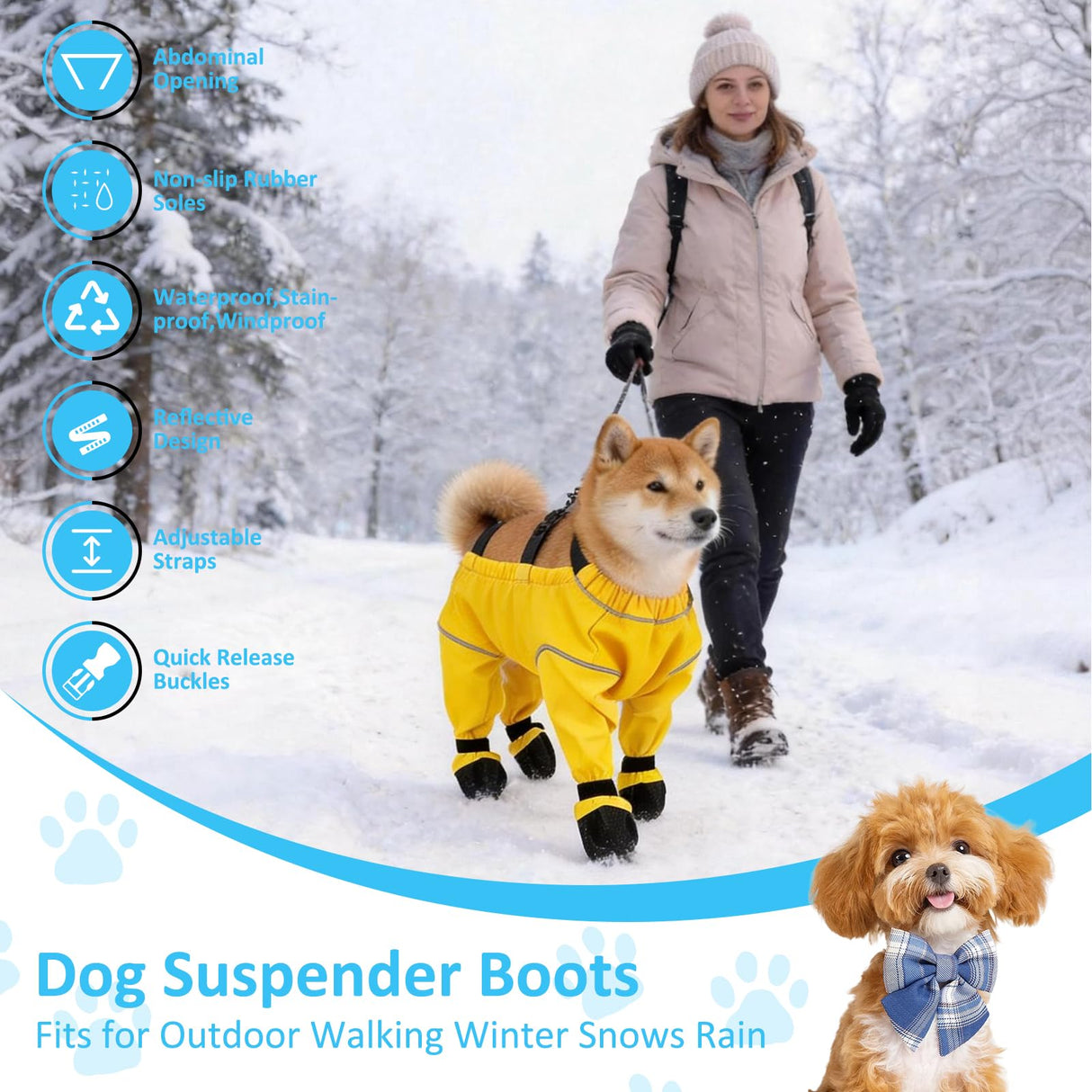Dog Suspender Boots,Waterproof Dog Snow Boots,Adjustable Anti-Slip Rain Snow Boot for Dogs,Dirty-Proof Dogs Reflective Boot & Paw Protectors for Outdoor Walking Winter Snows Rain (Yellow, L)