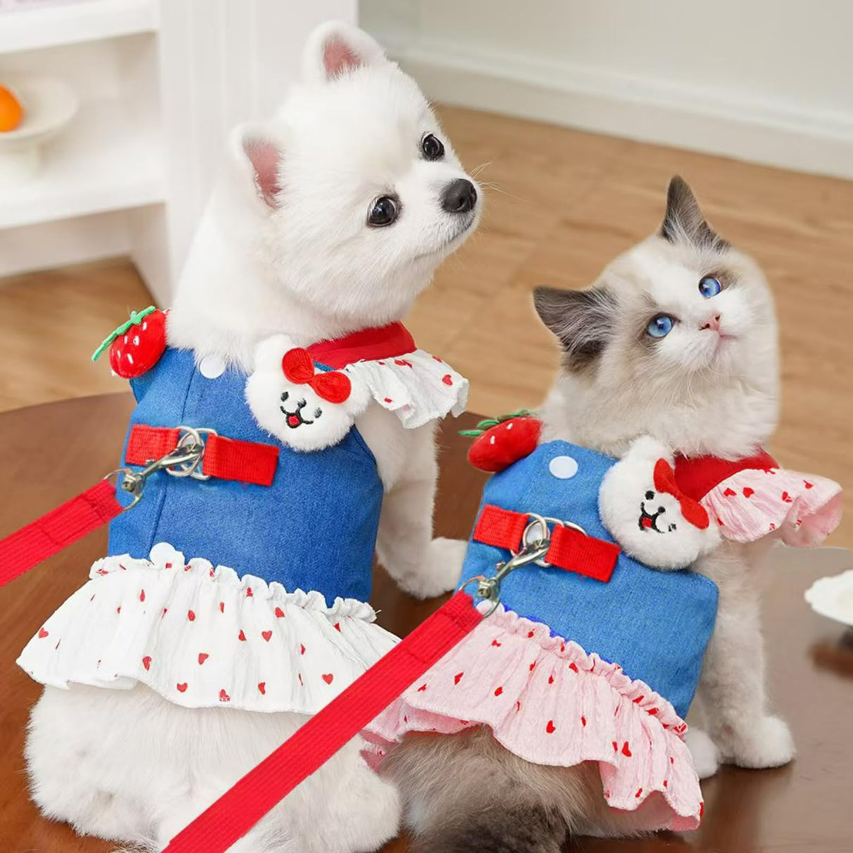 Layheld Cat Puppy Costume Strawberry Dress with Leash Polka Dot Puff Sleeve Design Dog Cat Accessories Multiple Sizes for Cat Small Dog (Blue Pink,Large)