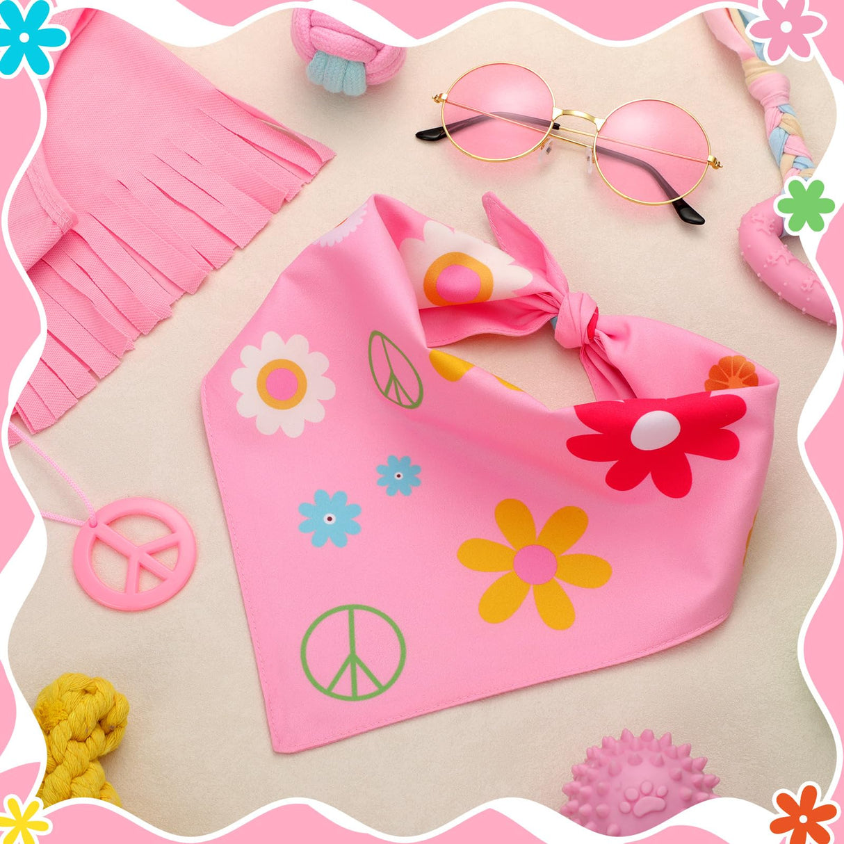 Huhumy 4 Pcs Hippie Dog Costume Pet Dog Hippie Costume Set Includes Sunglasses Scarf Cloak Necklace(Pink Style,Large)