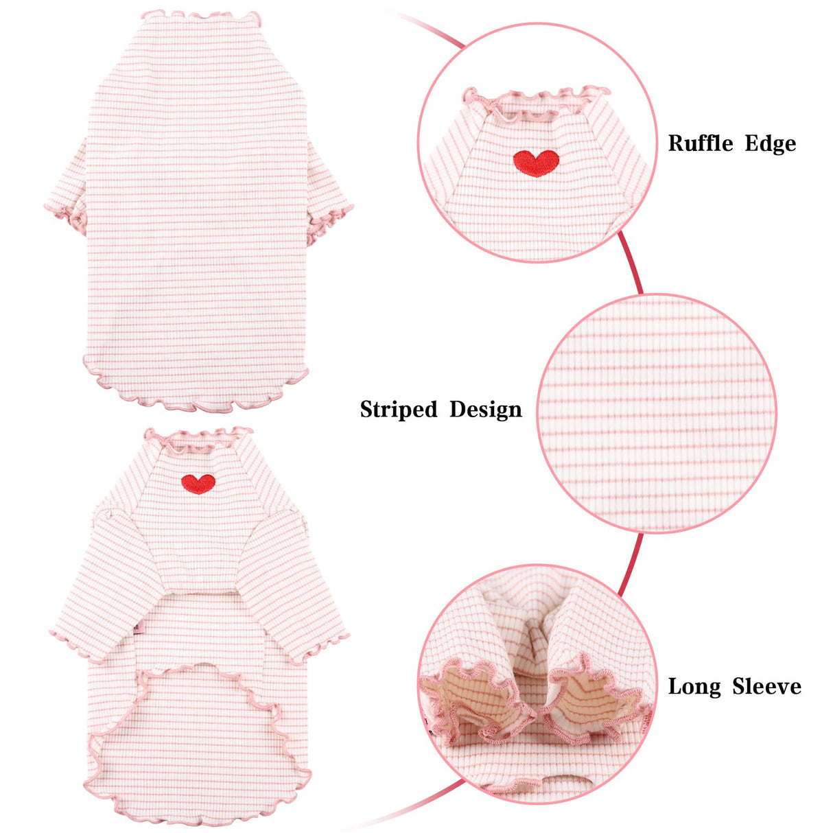 Yaopelky Dog Shirt for Small Medium Dogs Striped T-Shirt with Heart Embroidery Stretchable Ruffle Dog Clothes for Chihuahua Schnauzer Yorkie Shih Tzu (White, Medium)