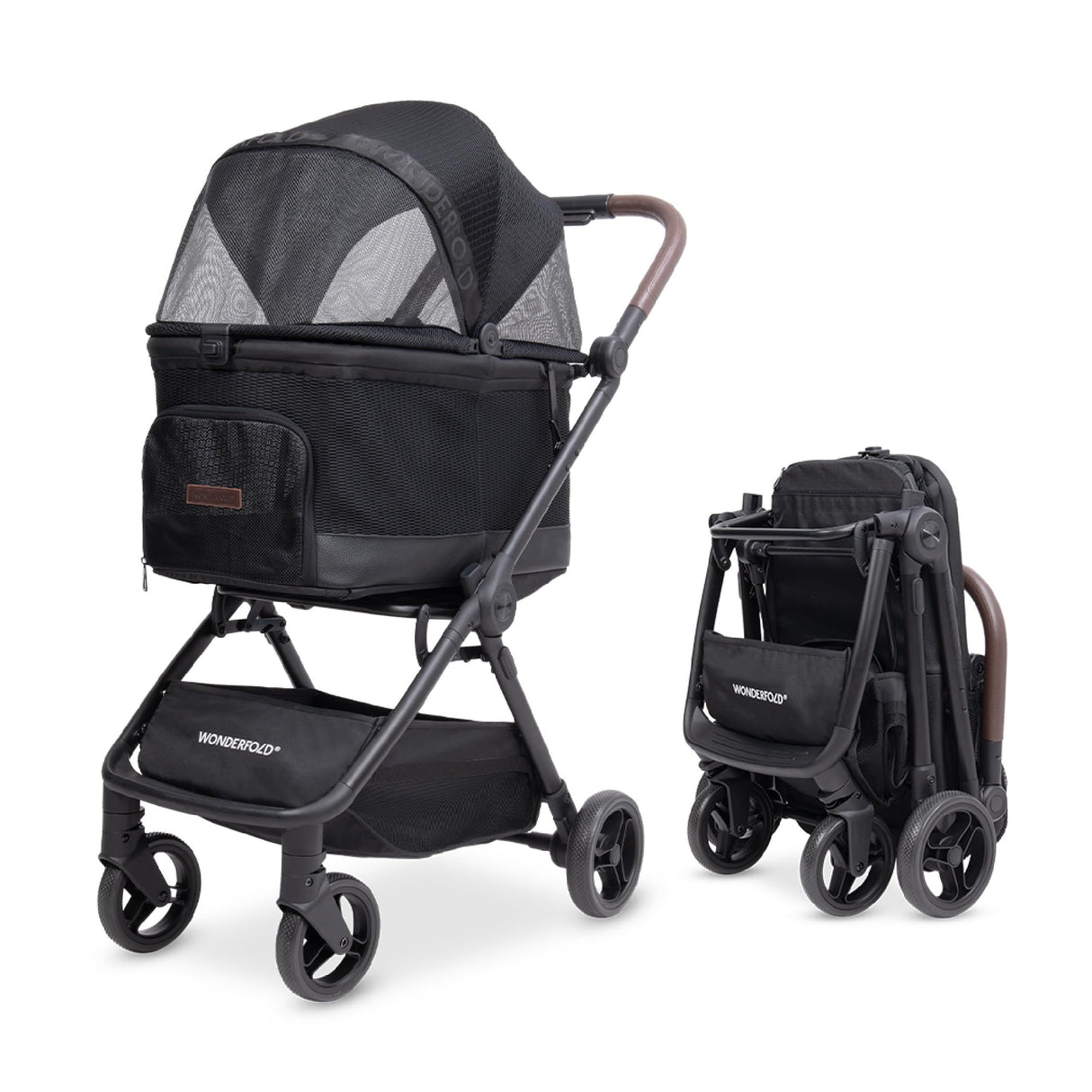 WonderFold Bella Pet Stroller - Autofold Design with Lightweight Aluminum Frame, Breathable Carriage Fabrics and Canopy, Safety Tethers & Easy-Clean Interior - Graphite Black