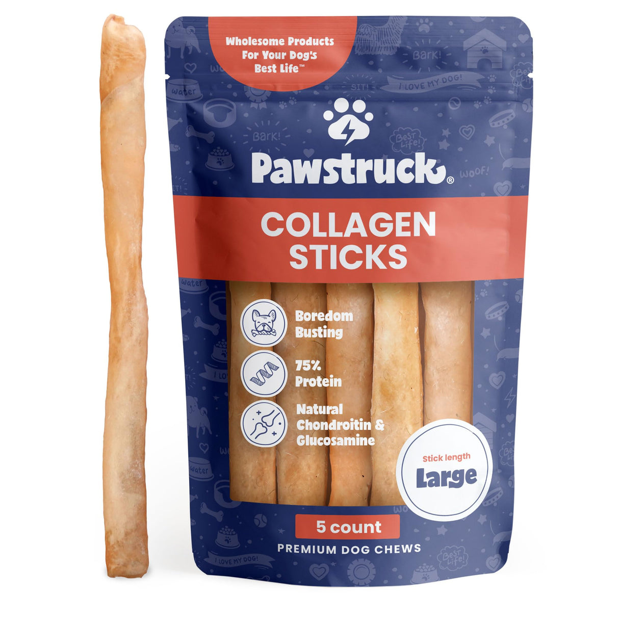 Pawstruck Natural Large 12" Beef Collagen Sticks for Dogs – Long-Lasting Rawhide Alternative, High Protein Treats with Chondroitin & Glucosamine – 5 Pack