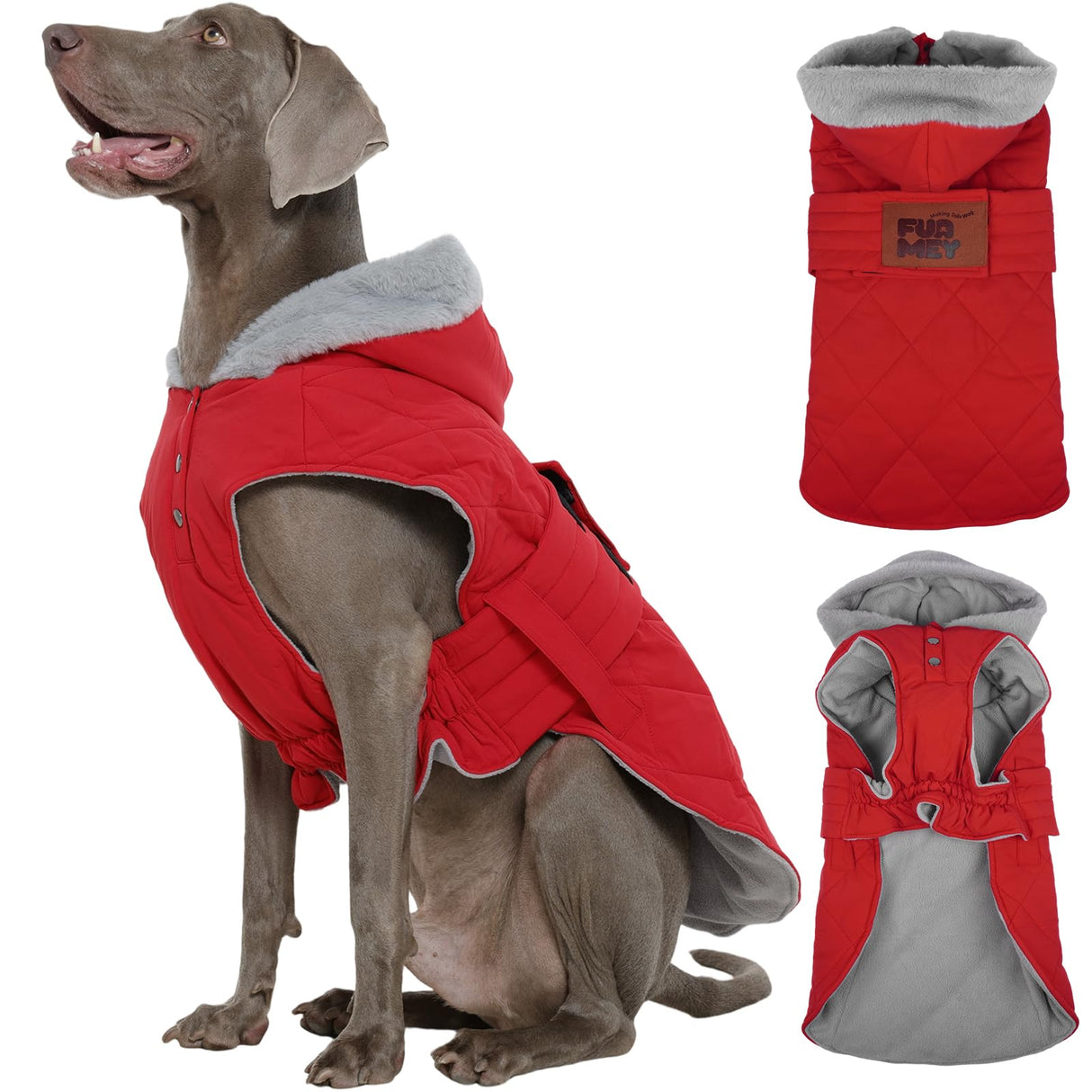 FUAMEY Dog Jackets for Large Breed, Adjustable Dogs Coats Fleece Lined for Chilly Morning, Thermal Winter Pups Outfits with Harness Hole, Sleeveless Puppy Vest Waterproof (Red, 2XL)