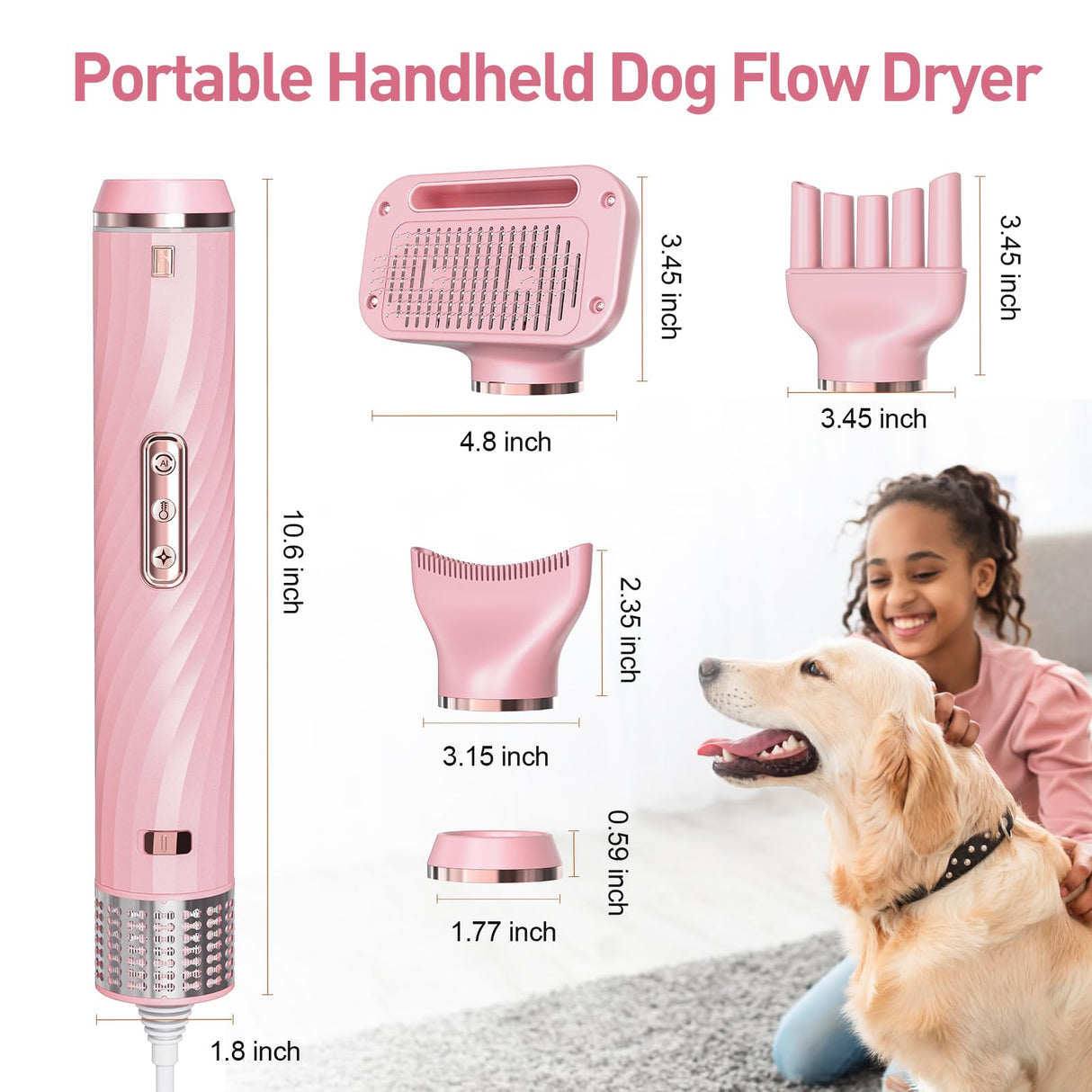 Discala Dog Dryer, Dog Grooming Blow Dryer Kit with Slicker Brush for Pet, High Velocity Blow Dryer for Dogs with Adjustable Speed and Temperature for Pet Grooming Supplies and Home Use, Pink