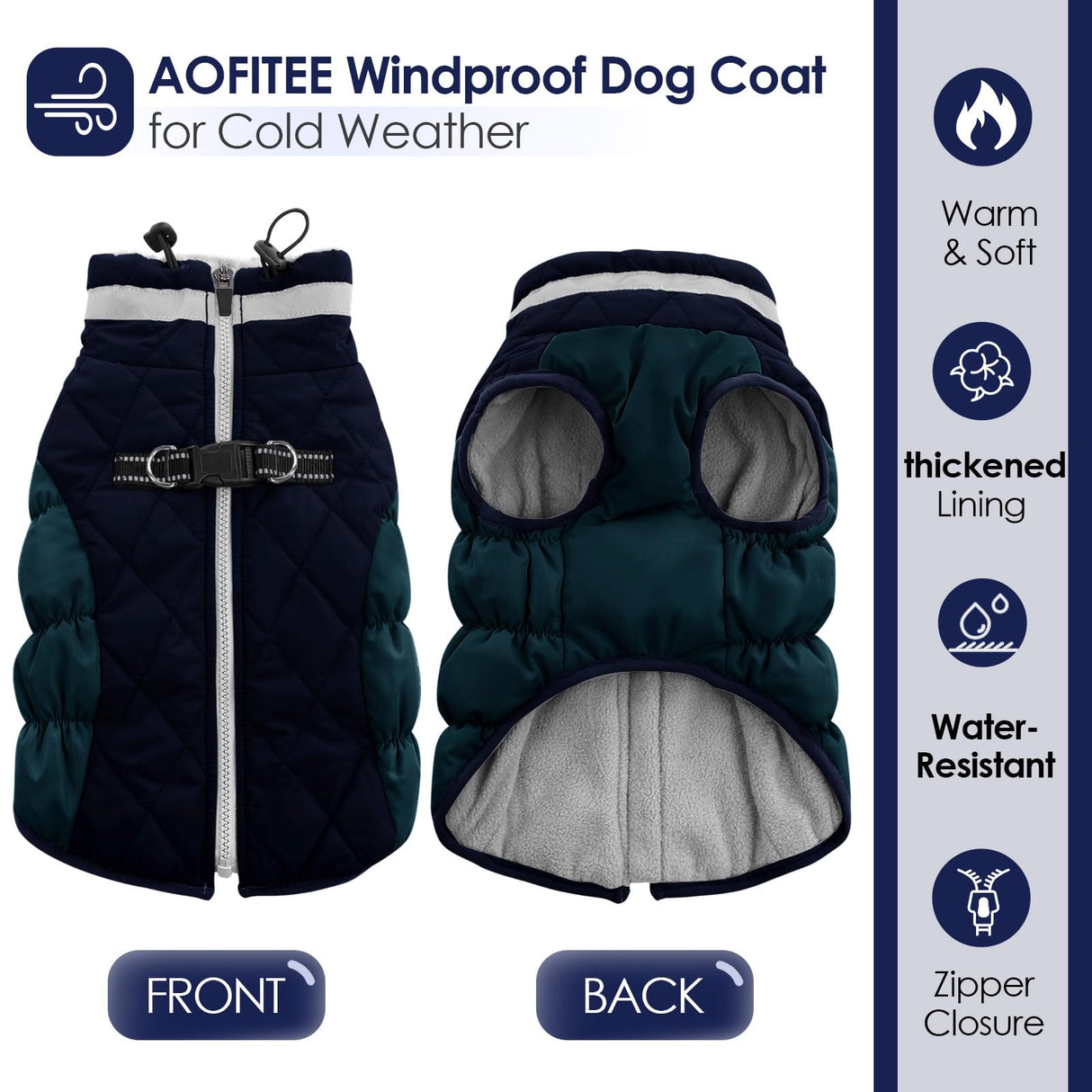AOFITEE Dog Coat, Warm Dog Winter Coat for Small Dogs, Reflective Turtleneck Dogs Jacket with Harness Built in, Waterproof Windproof Pet Fleece Vest Snow Jacket for Cold Weather, Navy S