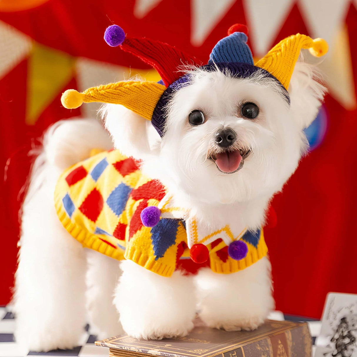 FLAdorepet Dog Circus Clown Costume with Joker Hat,Dog Cat Halloween Mardi Gras Outfit Party Jester Costumes Cosplay Apparel,Winter Pet Knitted Sweaters Clothes for Small Medium Dogs Cats,X-Large