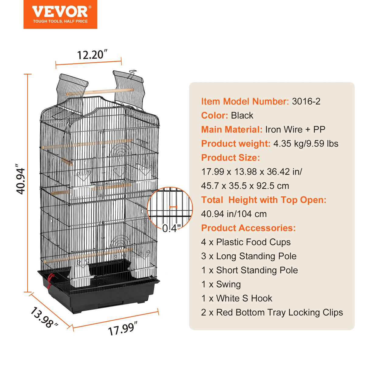VEVOR 41-inch Open Top Large Parrot Bird Cage, Hanging Bird Cage for Parakeets Finches Canaries Lovebirds Cockatiels Budgies Small Quaker Conures Travel Pet Flight Birdcage with Swing and Perch