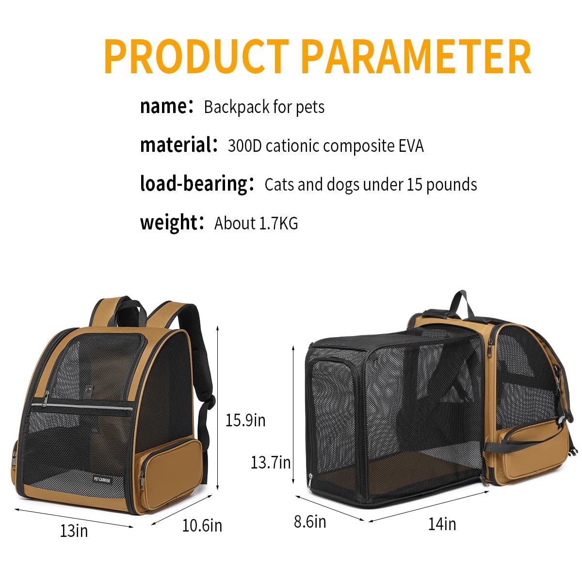 Cat Backpack，Expandable Cat Carrier Backpack, Dog Backpack Carrier and Pet Carrier Backpack, Suitable for Cats, Dogs Kitten or Small Dogs, Travel Friendly Puppy Cats Bag (Brown)