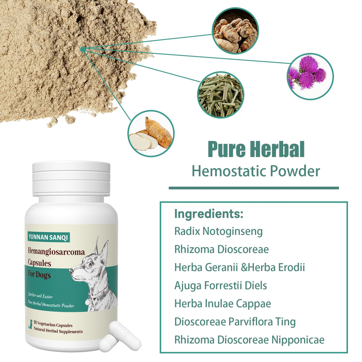 Yunan Sanqi Hemostatic Capsules for Dogs, for Hemangiosarcoma, Hemoabdomen, Pericardial Effusion, Cancer Bleeding, Severe Bruising, Ulcer-Related Bleeding
