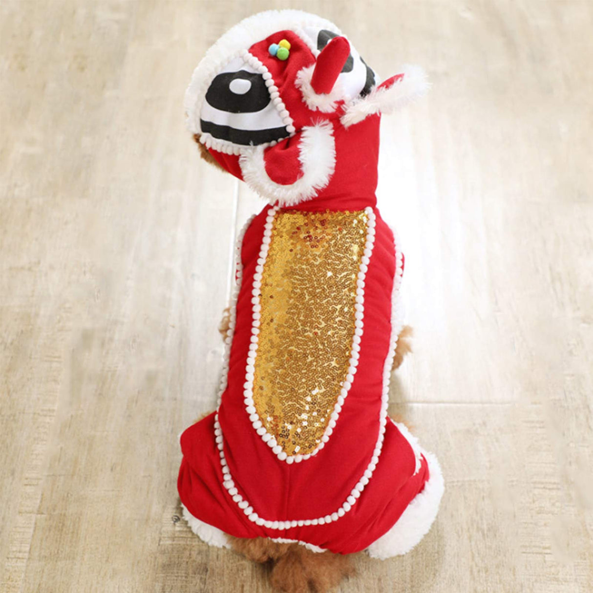 SEIS Lion Dance Dog Four-Legged Costume New Year Pet Clothes Cute Cat Tang Suit Winter Teddy Hoodies for Cats Teddy Bichon Small Medium Dogs (S (Chest Circumference 48cm/ 18.9"))