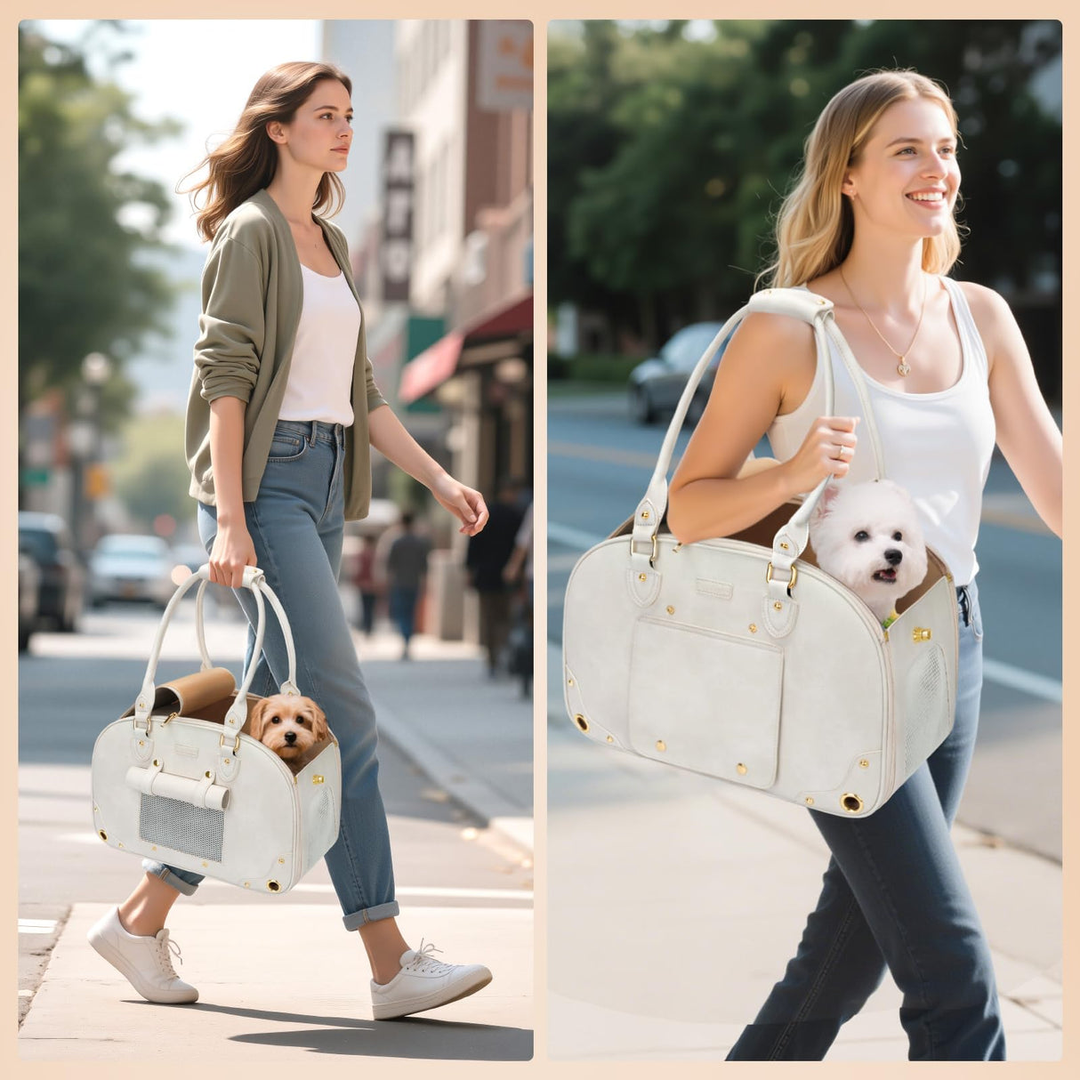 PetsHome Dog Carrier Purse, Pet Carrier, Waterproof Premium Leather Pet Travel Portable Bag for Cat and Small Dog Home & Outdoor Medium Beige