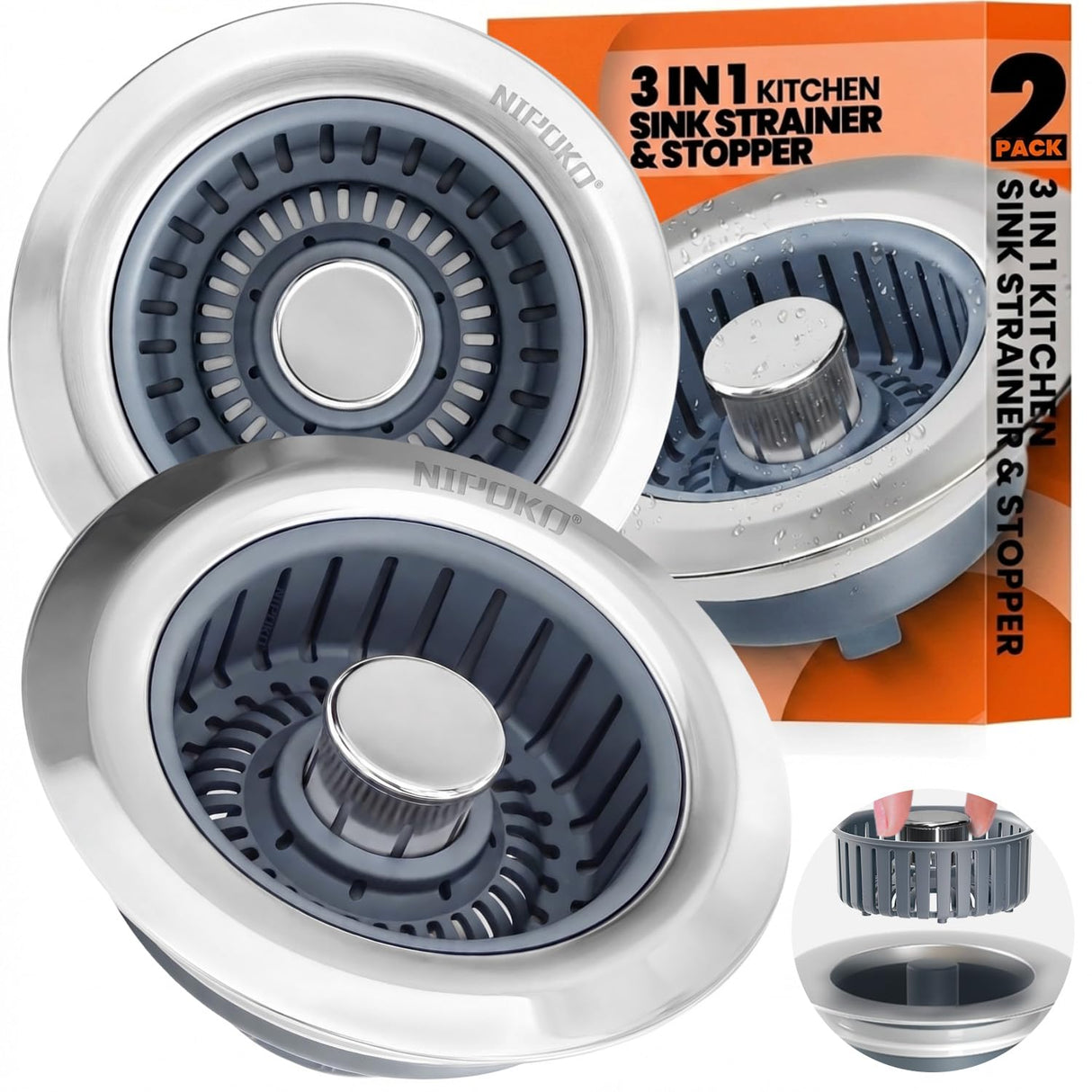 2 Pack Sink Drain Strainer - Sink Stopper, 3 in 1 Stainless Steel Kitchen Drain Plug with Deep Anti-Clog Basket and Odor-Blocking Seal, Pop-Up Design Fits Standard 3-1/2 Inch Sink