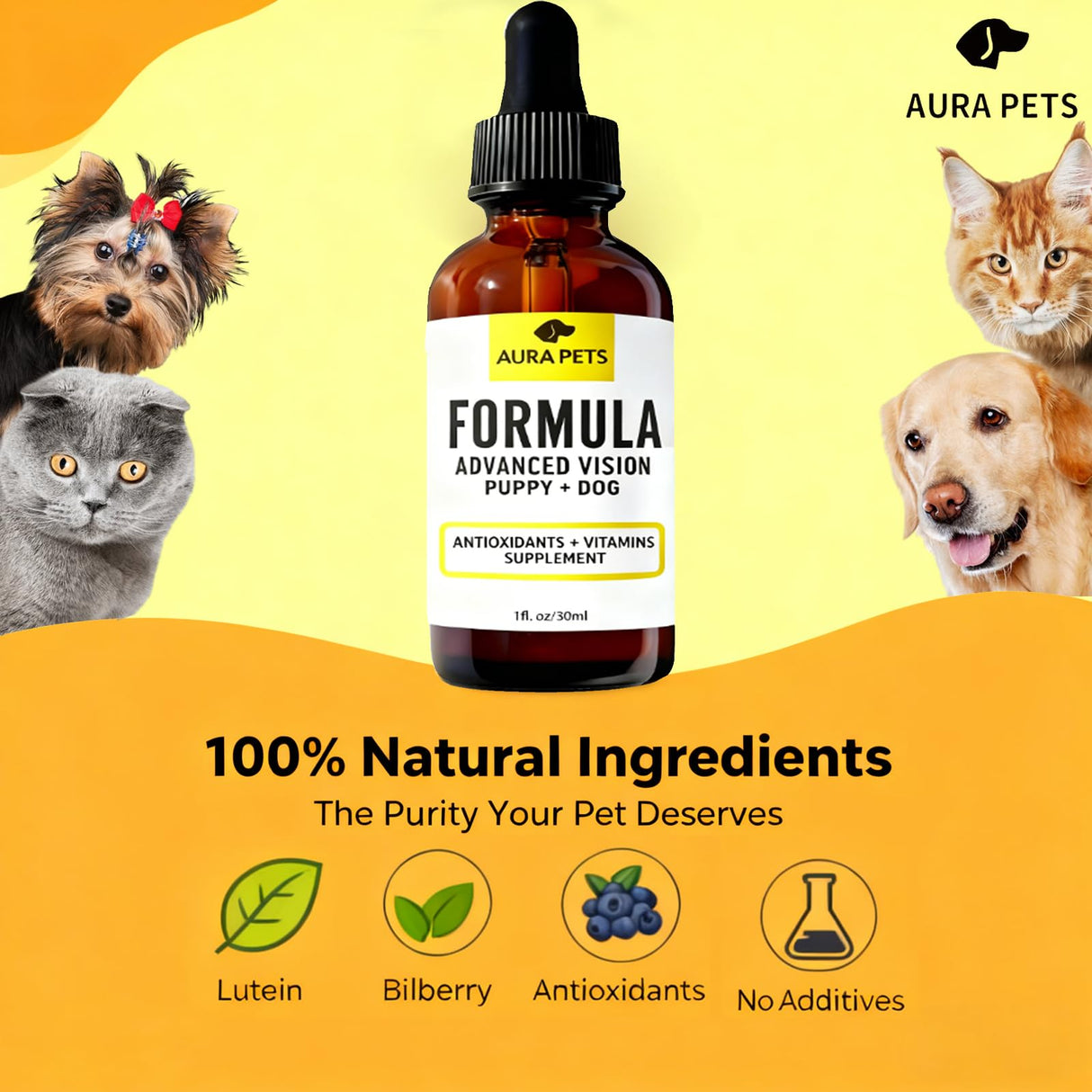 Aura pets Advanced Vision Formula for Dogs, AuraPets Vision Formula, with Lutein, Zeaxanthin, Astaxanthin, Supports Vision and Reduces Cloudiness, 30ml (1)