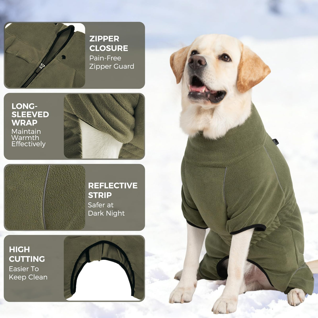 Mihachi Dog Snow Jacket Dog Coat Soft Fleece Pullover Pajamas, Pet Windproof Warm Cold Weather Jacket with Zipper, Reflective Jumpsuit Apparel Outfit Clothes for Small Dog, Army Green S