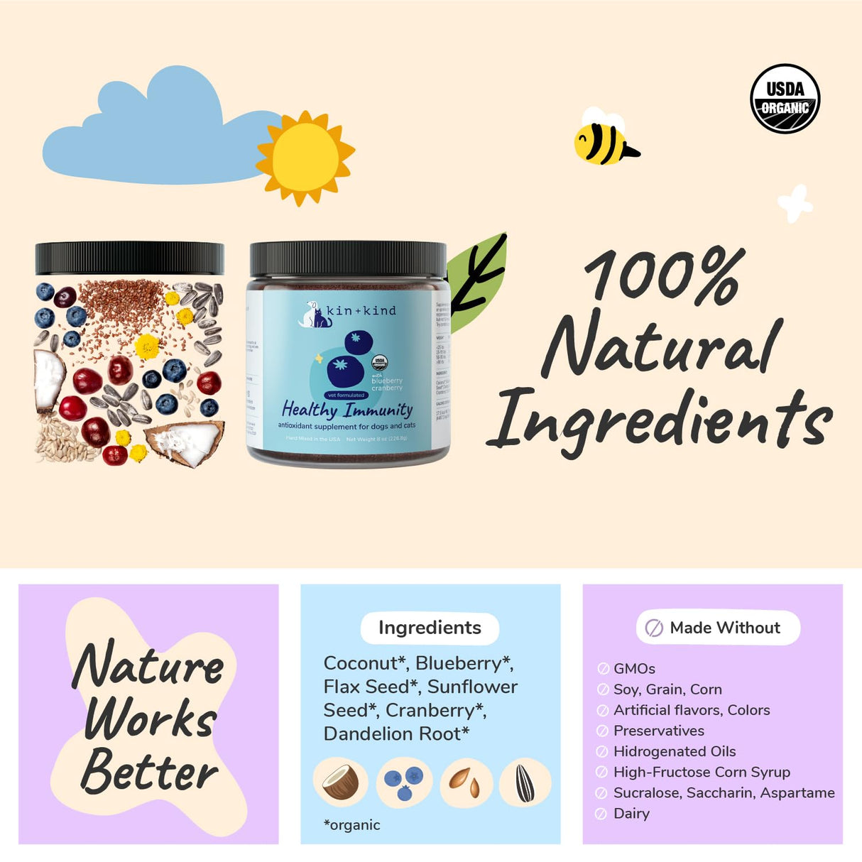 kin+kind Pet Vitamins and Supplements - Immune Support Supplement for Dogs & Cats - Natural Dog Supplements & Cat Supplements w/Organic Ingredients for Healthy Immunity - Made in USA - 8 oz (Large)