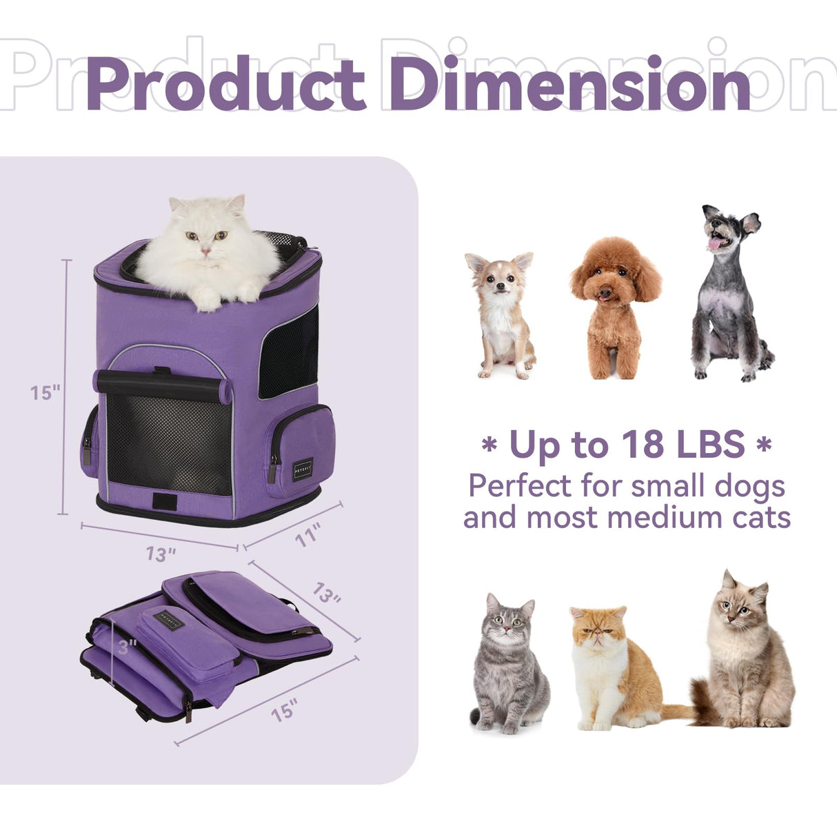 PETSFIT Dog Backpack Carrier with Upgraded Waist Protection, Pet Carrier Backpack Designed for Small Dogs/Cats, Fully Ventilated Collapsible Cat Backpack for Outdoor Traveling Hiking Camping Purple