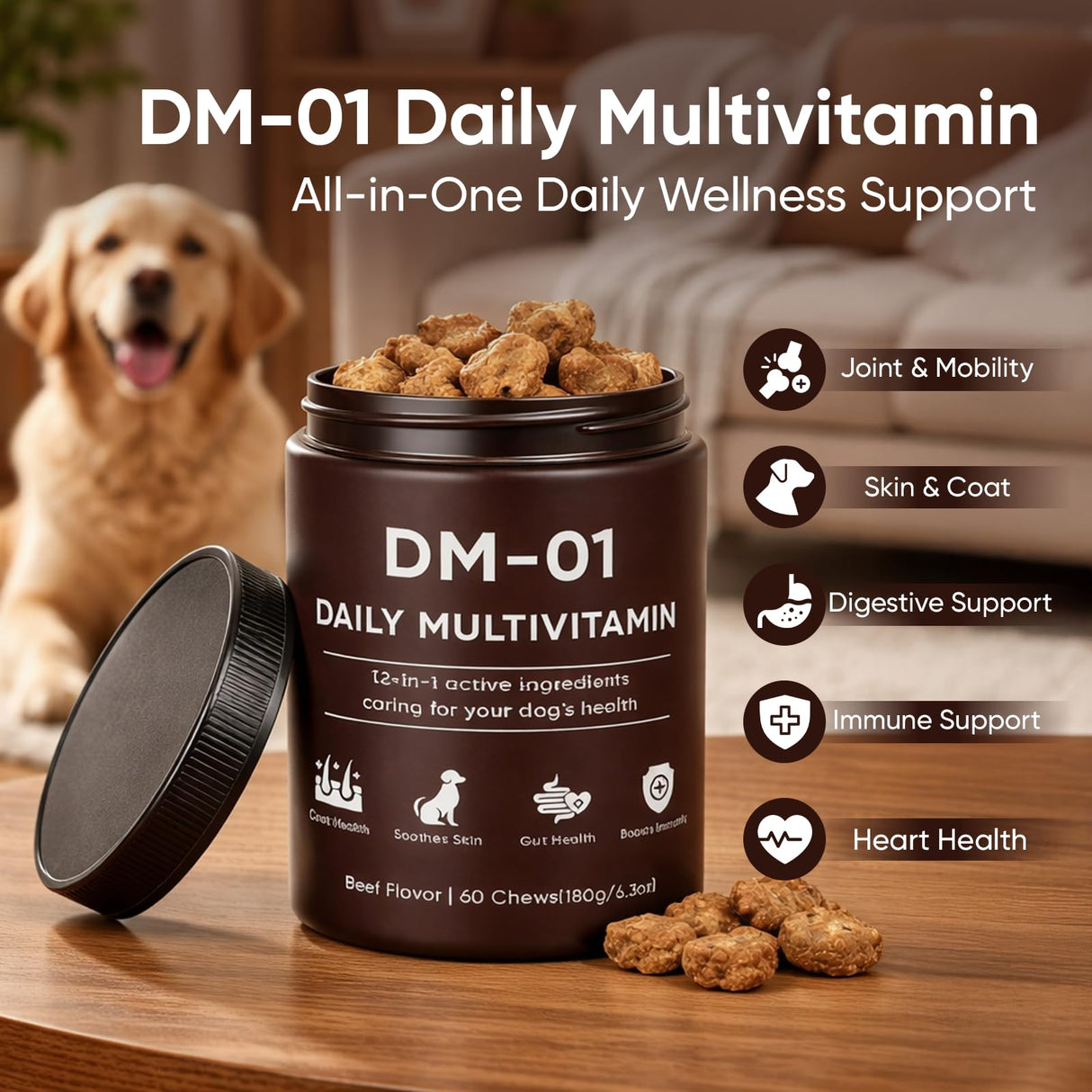 DM-01 Daily Multivitamin, Multivitamin Itch Relief Chews for Dog, Made with 12 Active Ingredients for Hip & Joint, Digestive & Boost Immunity, 60 Chew