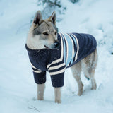 Queenmore Dog Striped Knitted Sweater, Turtleneck Pullover Pet Coat, Dog Winter Clothes with Leash Hole for Small Medium &Large Dogs(Navy Blue,S)