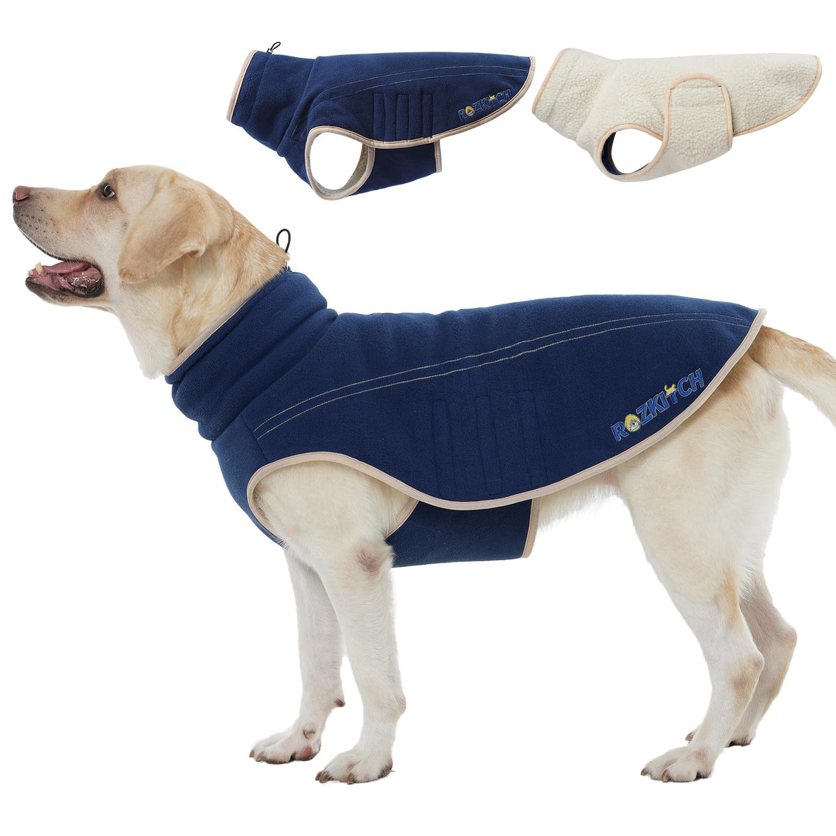 ROZKITCH Dog Coats for Large Dogs with Double Sided Polar Fleece and Sherpa for Cold Weather in Winter, Windproof Turtleneck Sweater with Adjustable Drawstring and Velcro DarkBlue 3XL
