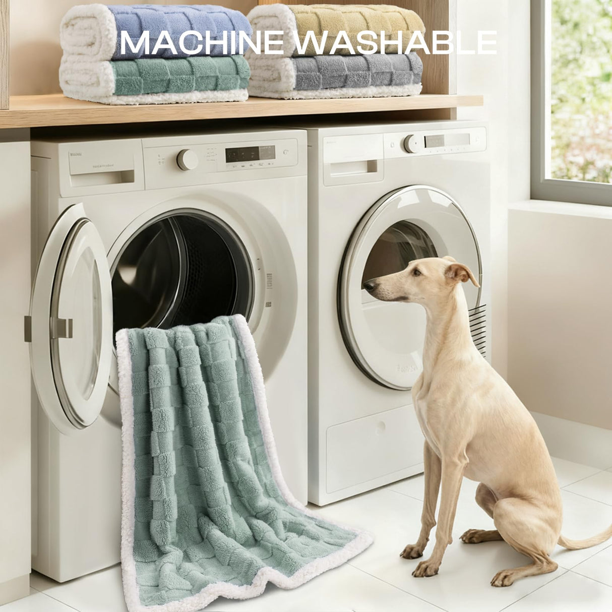 Luciphia Waterproof Dog Blanket for Large Dogs Washable Soft Sherpa Fleece Cat Blankets with 3D Jacquard Cozy Calming Reversible Bed Couch Protector Furniture Protection, Green White, 85x57 inch