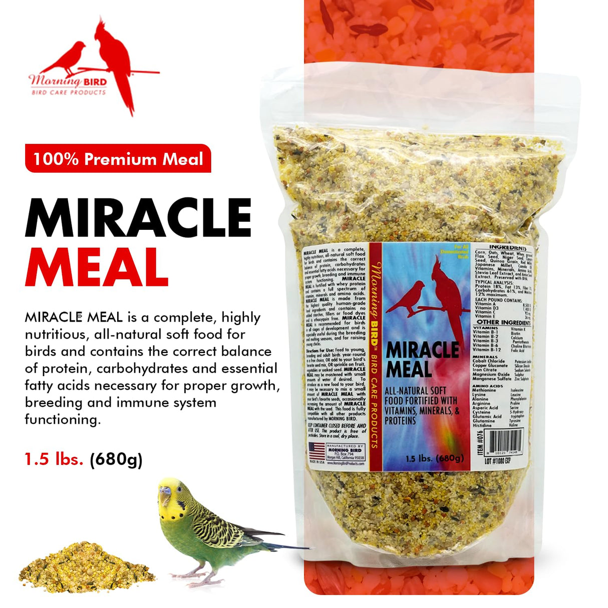 Morning Bird Miracle Meal 1.5 lbs – Soft Food for Birds with Vitamins & Supplements – Packed with Protein, Minerals & Amino Energy – Promotes Strong Feathers, Breeding & Overall Wellness