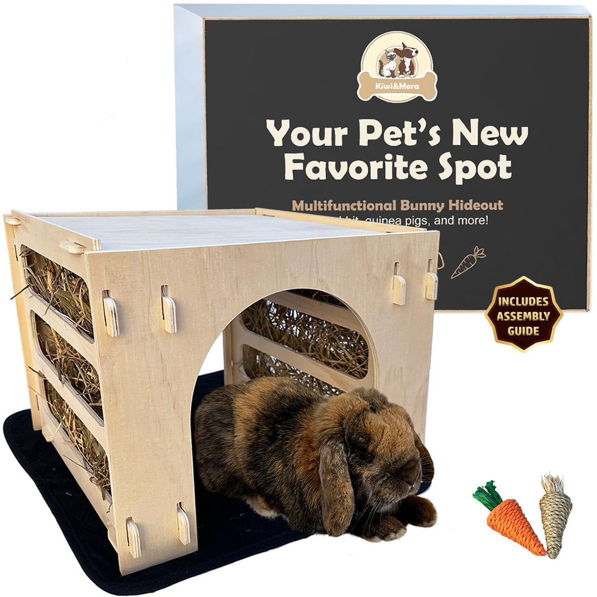 Kiwi&Mora Bunny House Hideout – Rabbit Hideout for Bunnies, Guinea Pigs & Other Pets | Large Indoor Wooden Tunnel Bed with Hay Feeder, Enrichment Toys & Accessories – Easy to Assemble & Clean