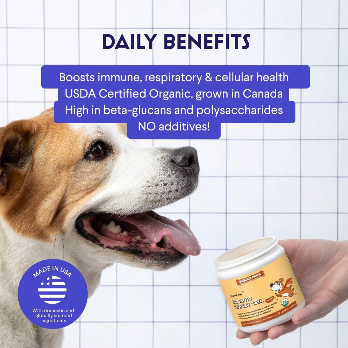 Wonder Paws Organic Turkey Tail Mushroom for Dogs – Powerful Turkey Tail for Dogs Mushroom Powder for Immunity, Respiratory, Digestion & Cellular Health–with Beta Glucans & Polysaccharides- 2.12 oz