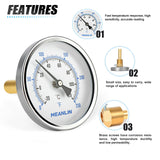 MEANLIN MEASURE 1/2" NPT Bimetal Thermometer for Hot Water, Boilers and Pipes, 3" Dial, 6" Lead-Free Brass Stem, Temperature Range 0-250°F/-20-120°C, Accuracy 2%, Center Back Mount