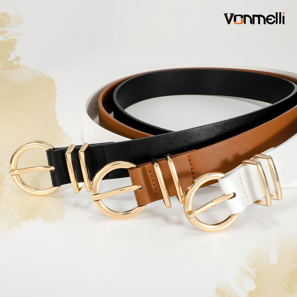 VONMELLI 3 Pack Women's Leather Belts for Jeans Dresses Ladies Waist Belt with Fashion Gold Buckle Black White Brown S 25-31