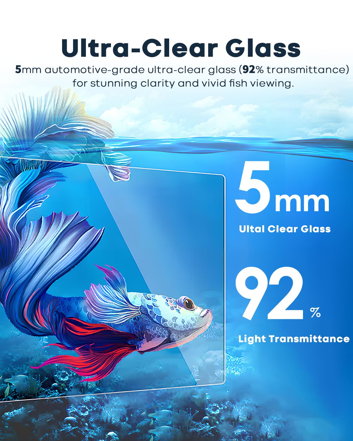 Wonderfactory 5 Gallon Small Aquarium Set Glass Fish Tank 6 Gallon, Starter Kit with Heater Water Pump Cleaning System Filter Bright Light Rocks Gravel Cleaning Tool, Clear Rimless Betta Plants