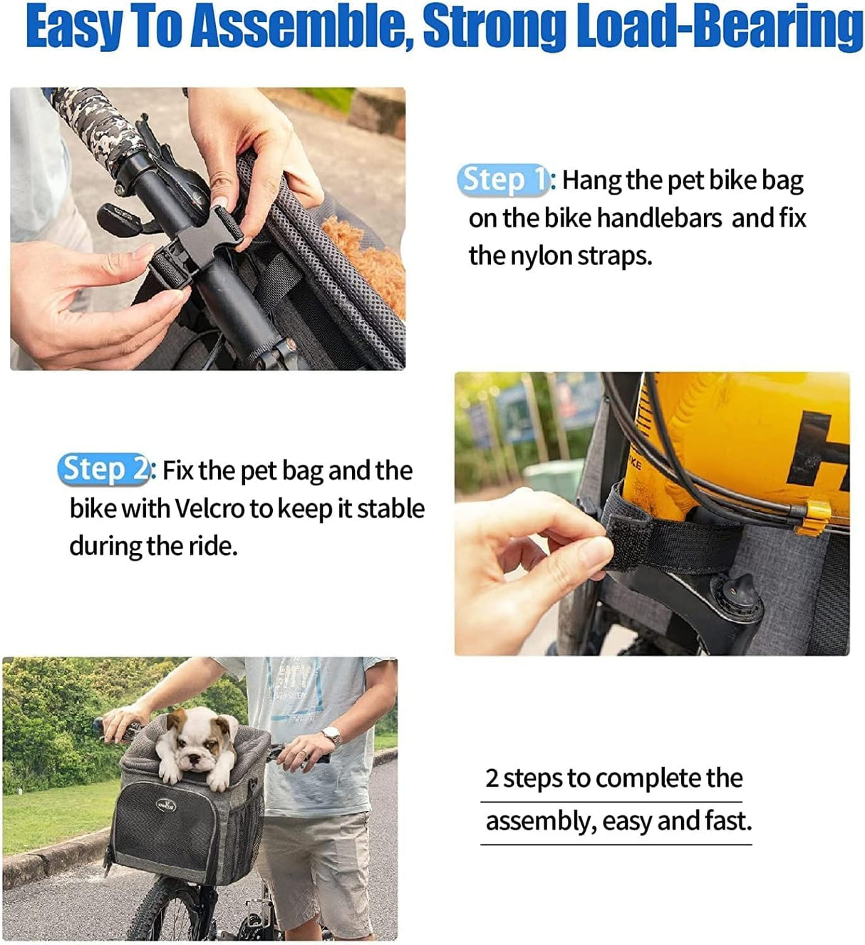 Wakytu Dog Bike Basket Carrier, Pet Bicycle Front Carrier Backpack for Bike Riding Foldable Removable, Reflective Strips, 2 Side Storage Pockets, Pet Travel Bag for Cats Small Dogs